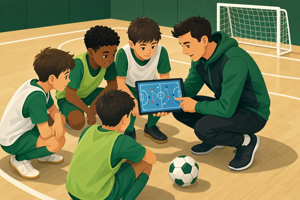 Valmentaja näyttää pelaajille futsalkuviota tabletilta