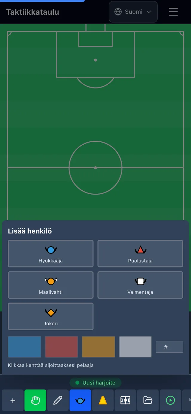 Lisää henkilö -valikko auki, kenttä näkyy sen takaa — taktiikkataulu
