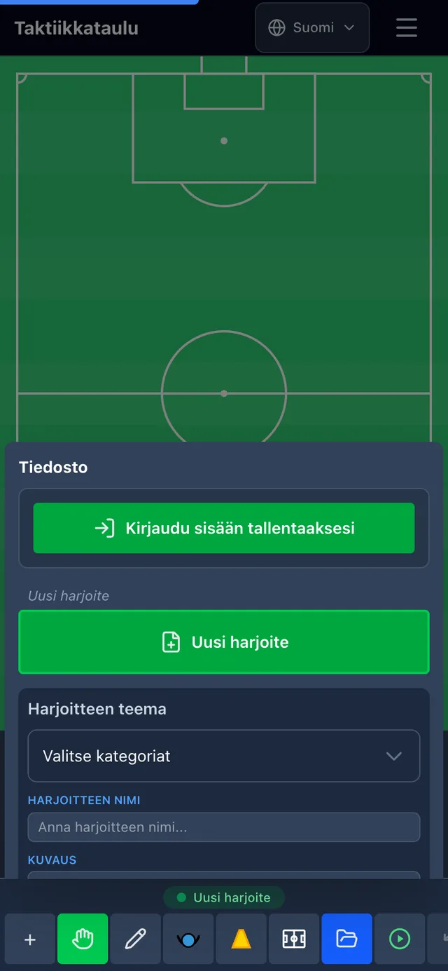 Tiedosto-valikko auki: harjoitteen teema, nimi ja kuvaus tallennuksen vieressä — taktiikkataulu