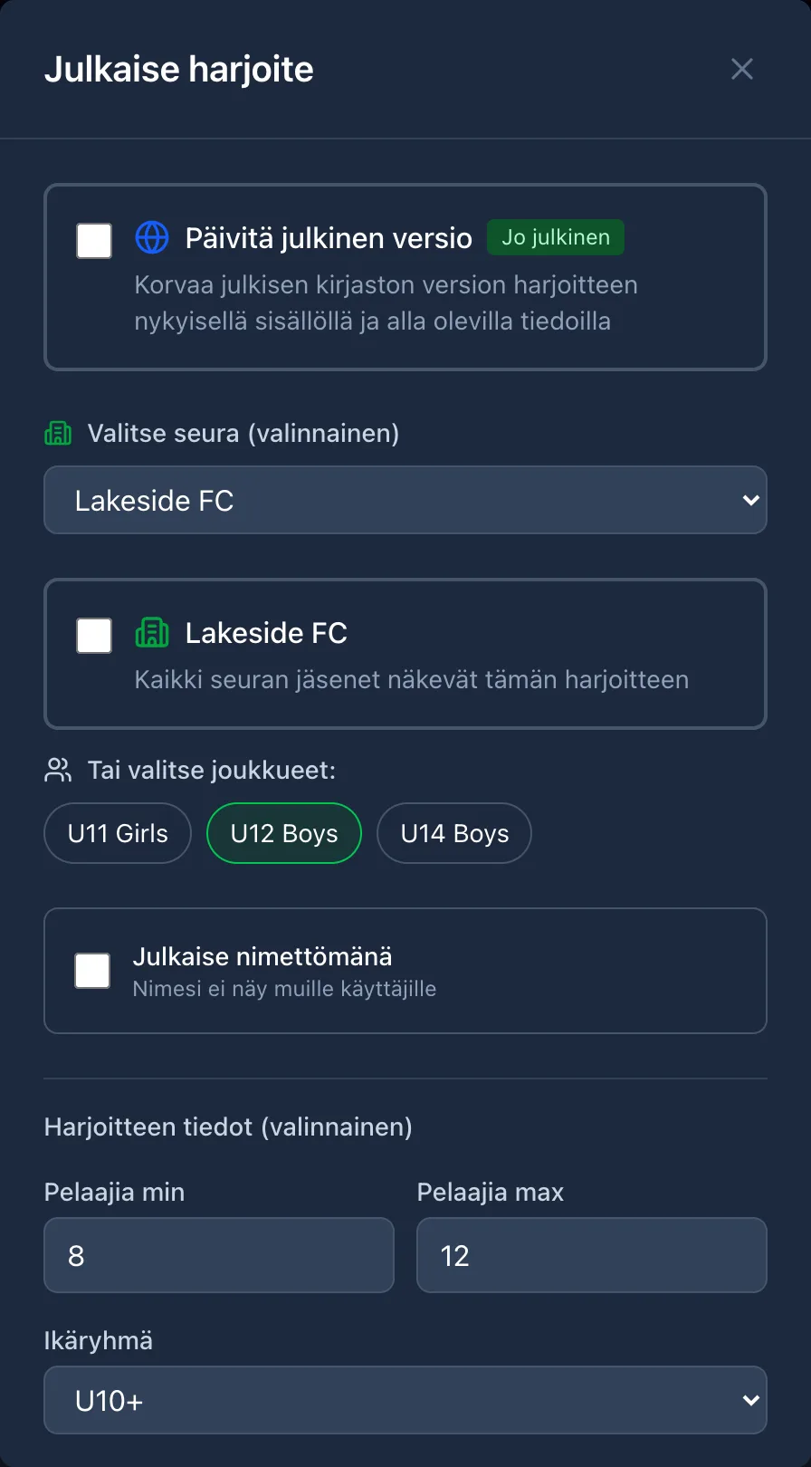 Julkaise harjoite -ikkuna: koko seura tai valitut joukkueet