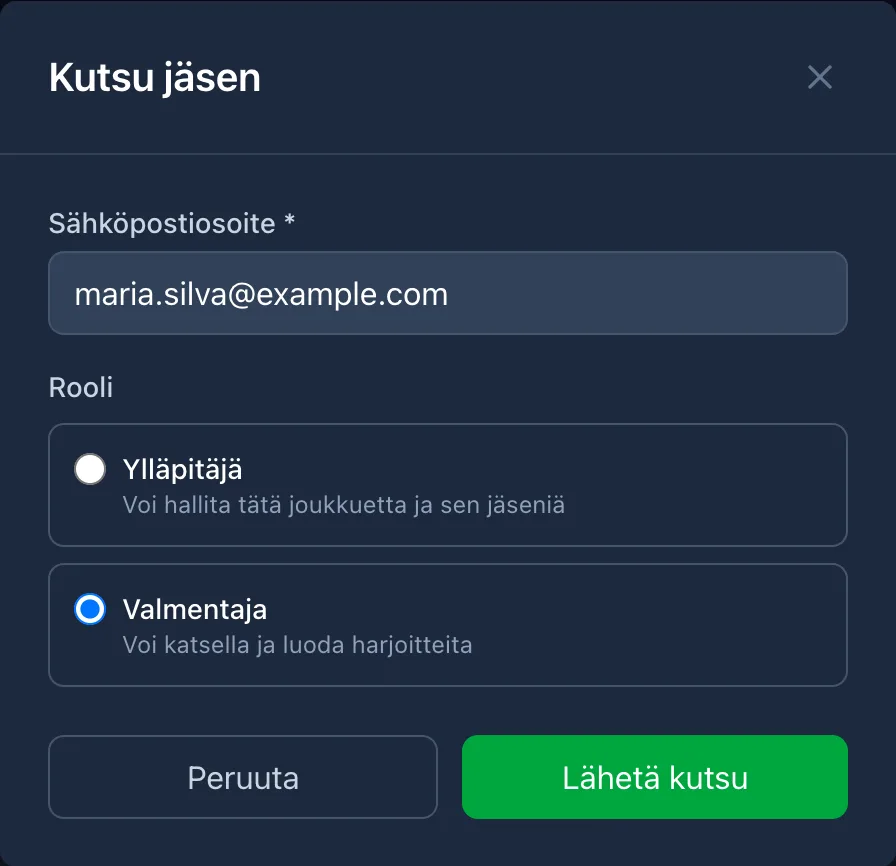 Kutsu jäsen -ikkuna: sähköposti ja rooli