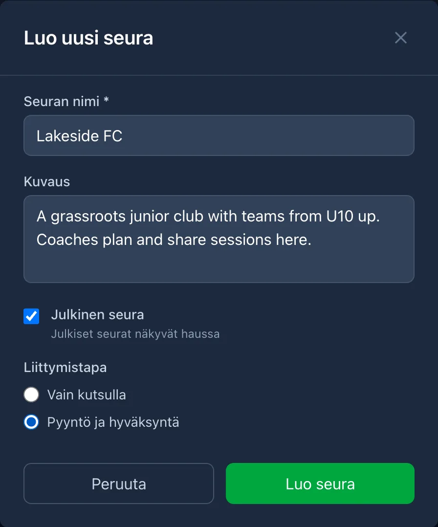 Luo seura -lomake: nimi, kuvaus, julkisuus ja liittymistapa