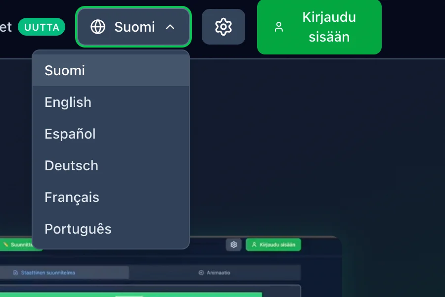 Kielivalikko: Suomi, English, Español, Deutsch, Français ja Português